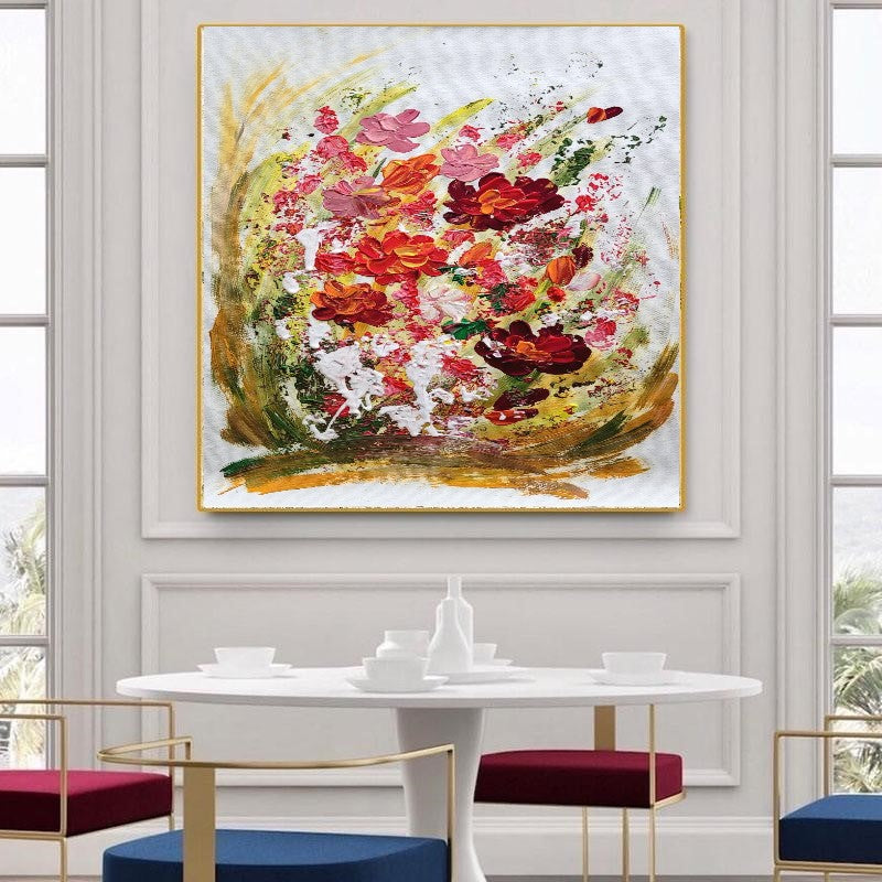 Blossoming Serenity - Modern Abstract Floral Impasto Oil Painting on Canvas, Living Room Art Decor