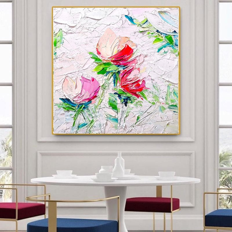 Blooming Beauty, Impasto Textured Floral Oil Painting on Canvas - Original Artwork for Living room