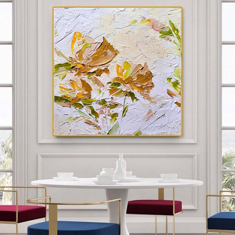 Gold Blooming Beauty, Impasto Textured Floral Oil Painting on Canvas - Original Artwork for Living room – Large – Oil on Canvas – {{ product.title }} canvas artwork by Tanya Mirelle – modern wall decor – original artwork for home, living room, office, or gallery – original artwork by BETSY-ART GALLERY
