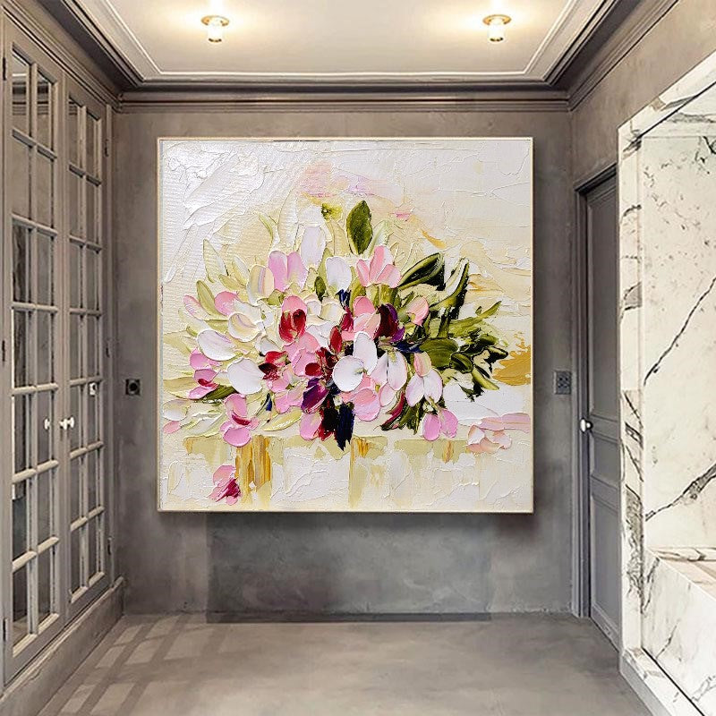 LARGE Floral Impasto Oil Painting on Canvas, Textured Pastel Colors Art, Abstract Modern Wall Art Decor