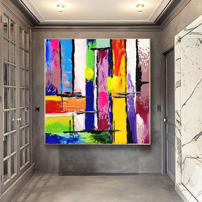 LARGE Colorful Impasto Abstract Painting, Canvas Art, Geometric Modern wall painting for living room