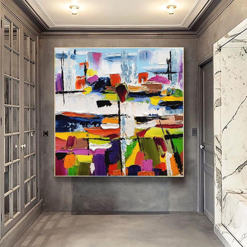 Urban Kaleidoscope - Large Modern Abstract Impasto Oil Painting on Canvas, Colorful Textured Wall Art