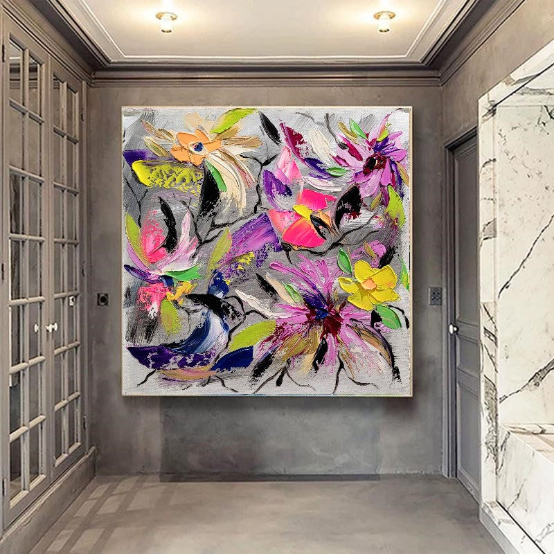 Floral Symphony - Modern Abstract Impasto Oil Painting on Canvas, Colorful Textured Wall Art