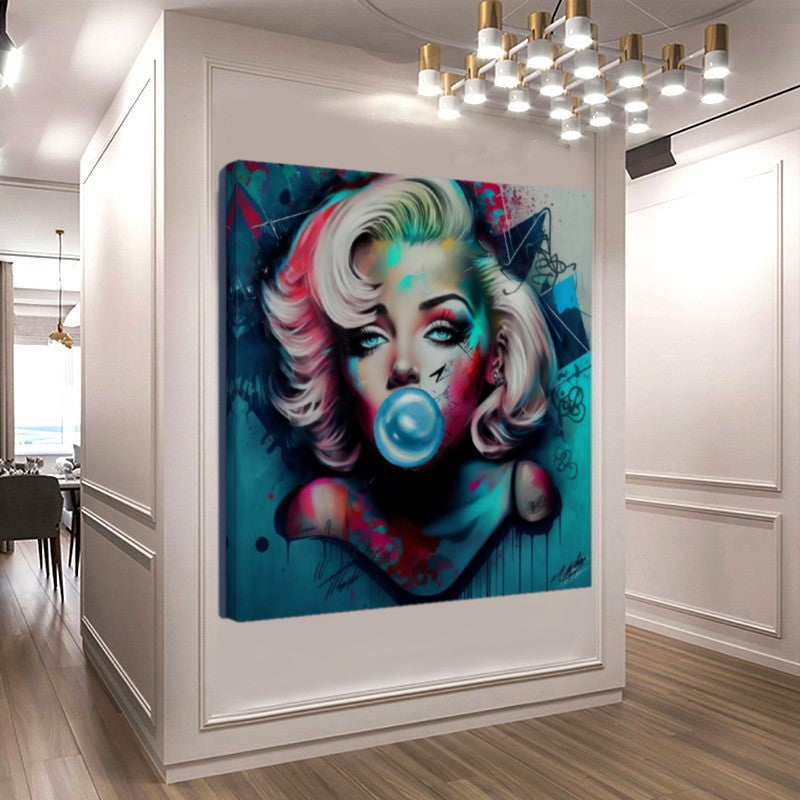 Large Stretched Printed Canvas / Marilyn Monroe with Blue booble gum / Unique Wall Art Print rolled