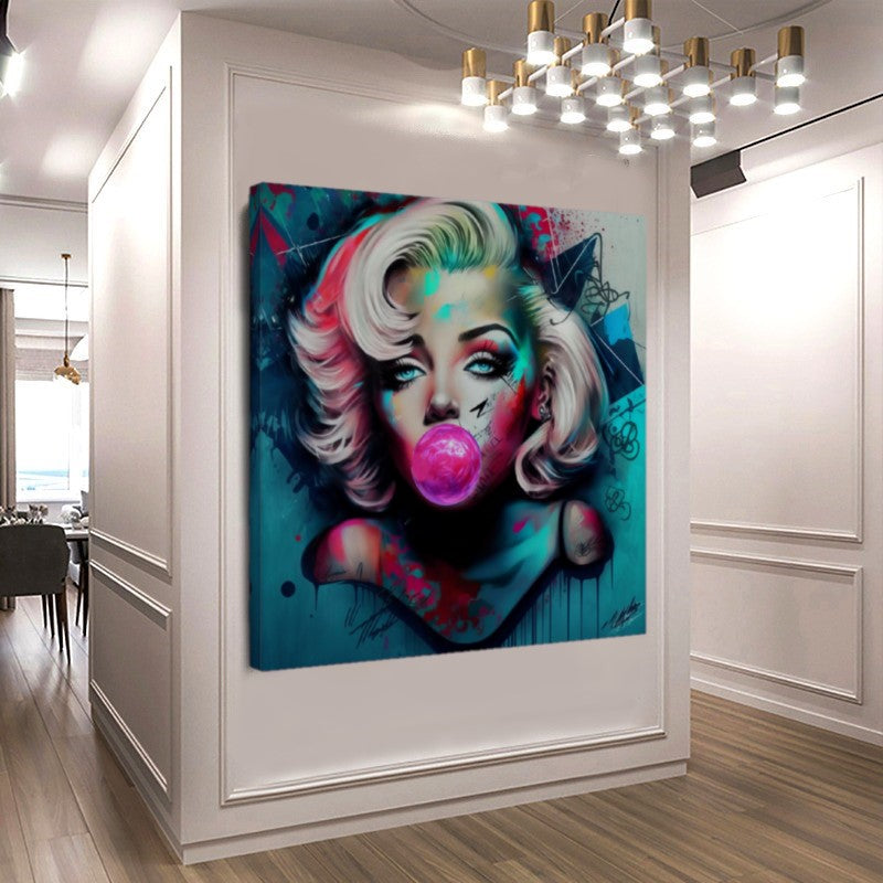 Large Stretched Printed Canvas / Marilyn Monroe with Blue booble gum / Unique Wall Art Print