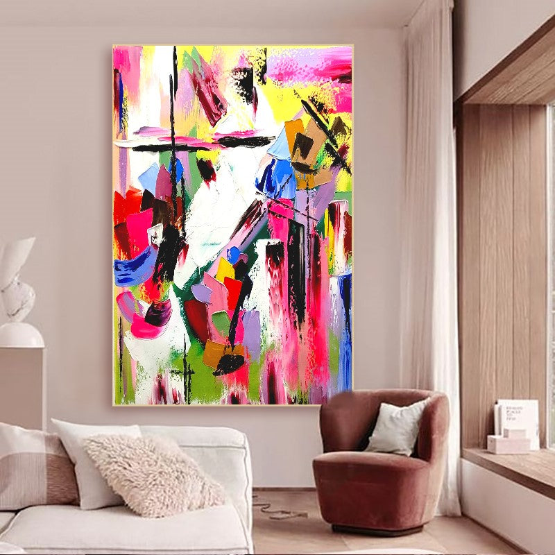 LARGE Modern Abstract Art, Vivid Pink Red Impasto Oil Painting on Canvas for Living Room