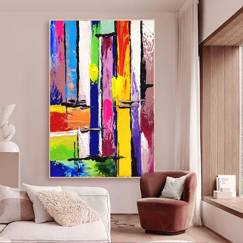 LARGE Colorful Impasto Abstract Painting, Canvas Art, Geometric Modern wall painting for living room