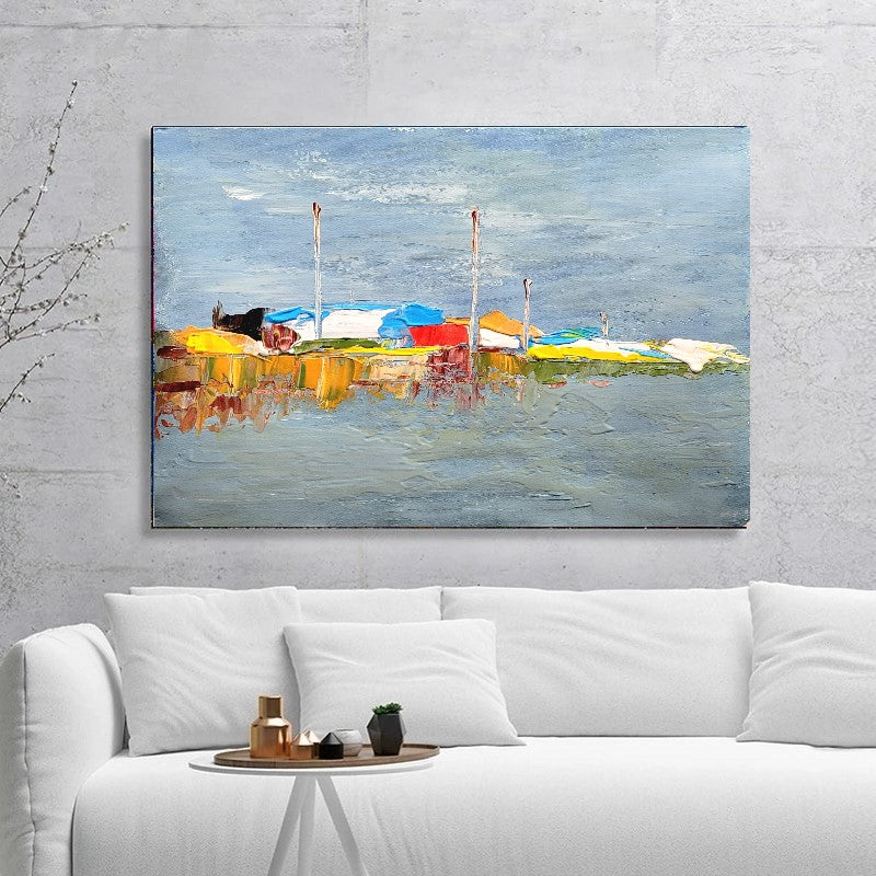 Moden Abstract Landscape Art, Seashore Impasto Oil Painting on Canvas for Living room