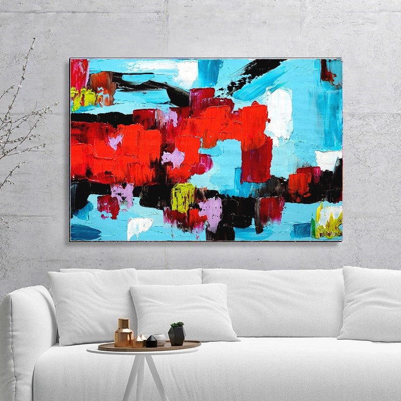 EXTRA LARGE Red Blue Abstract Impasto Oil Painting on Canvas / No Frame