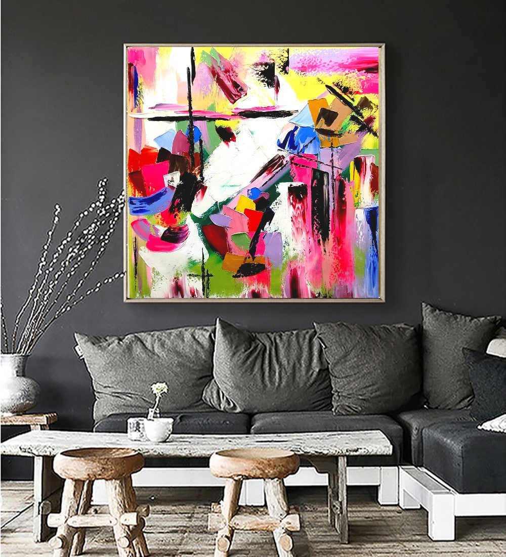 LARGE Modern Abstract Art, Vivid Pink Red Impasto Oil Painting on Canvas for Living Room