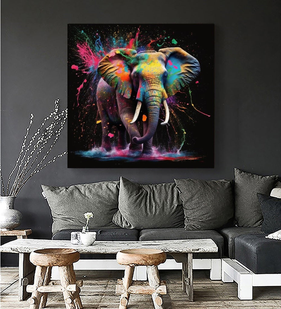 Colorful Abstract Elephant Wall Art – Modern Wildlife Canvas Print – Large – Oil on Canvas – {{ product.title }} canvas artwork by Tanya Mirelle – modern wall decor – original artwork for home, living room, office, or gallery – original artwork by BETSY-ART GALLERY