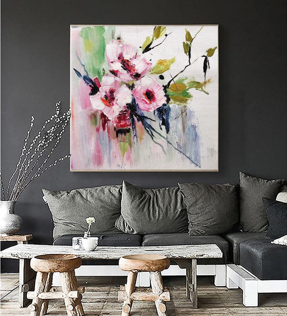 Large Impasto Textured Floral Oil Painting on Canvas - Original Artwork, Colorful Textured Wall Art