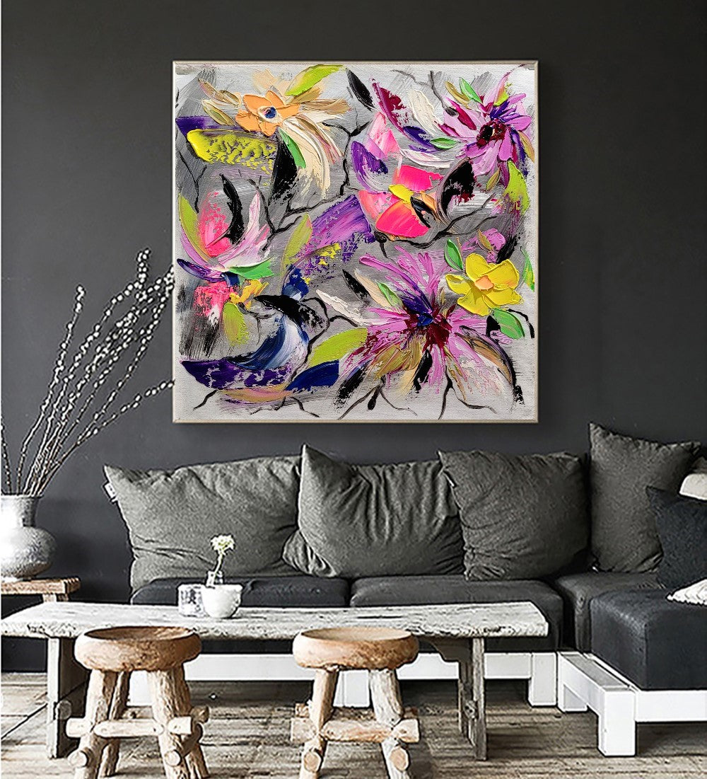 Floral Symphony - Modern Abstract Impasto Oil Painting on Canvas, Colorful Textured Wall Art