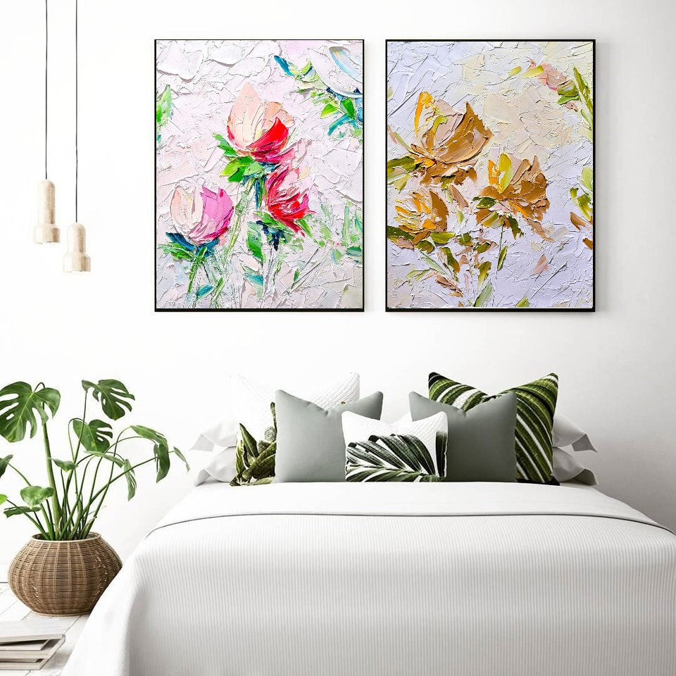 Blooming Beauty, Impasto Textured Floral Oil Painting on Canvas - Original Artwork for Living room