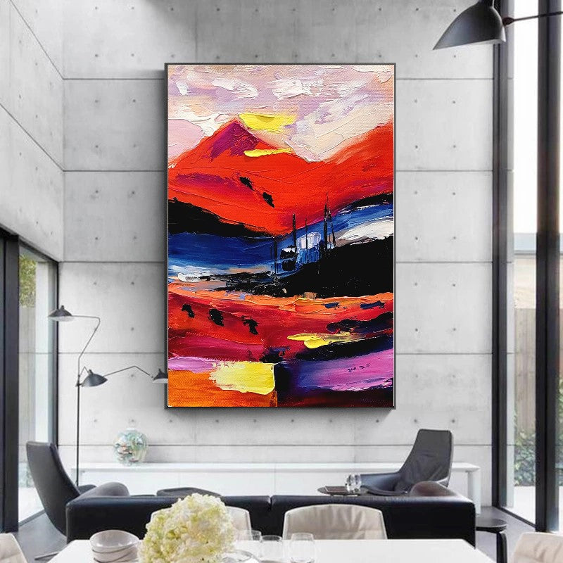 Fiery Twilight - Large Modern Abstract Impasto Oil Painting on Canvas, Colorful Textured Wall Art