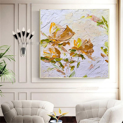 Gold Blooming Beauty, Impasto Textured Floral Oil Painting on Canvas - Original Artwork for Living room