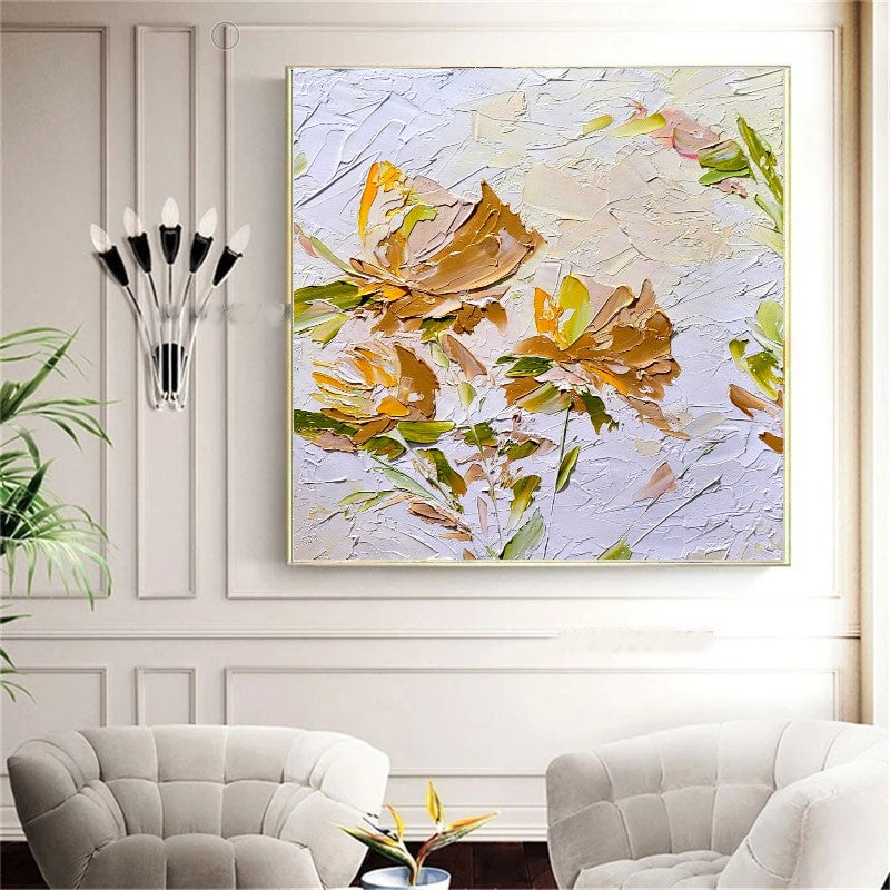 Gold Blooming Beauty, Impasto Textured Floral Oil Painting on Canvas - Original Artwork for Living room – Large – Oil on Canvas – {{ product.title }} canvas artwork by Tanya Mirelle – modern wall decor – original artwork for home, living room, office, or gallery – original artwork by BETSY-ART GALLERY