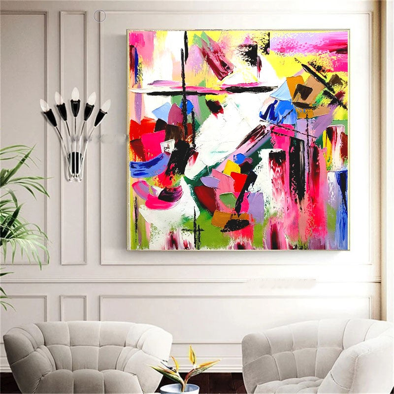 LARGE Modern Abstract Art, Vivid Pink Red Impasto Oil Painting on Canvas for Living Room