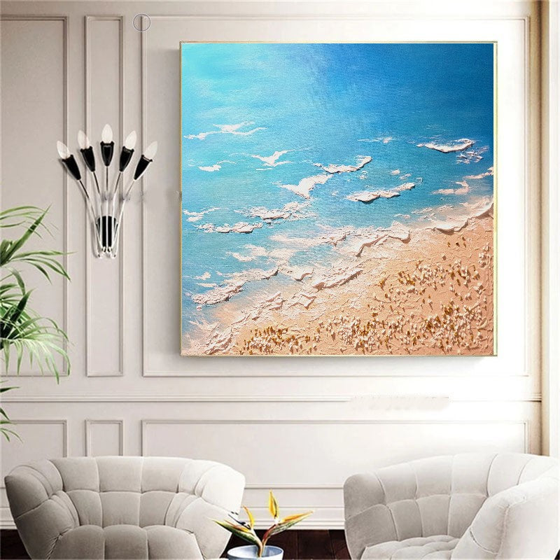 LARGE Modern Textured Wall Art, Seashore Art, Acrylic Painting on Canvas for Bedroom, Living room