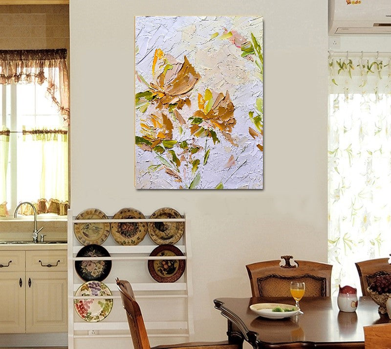 Gold Blooming Beauty, Impasto Textured Floral Oil Painting on Canvas - Original Artwork for Living room