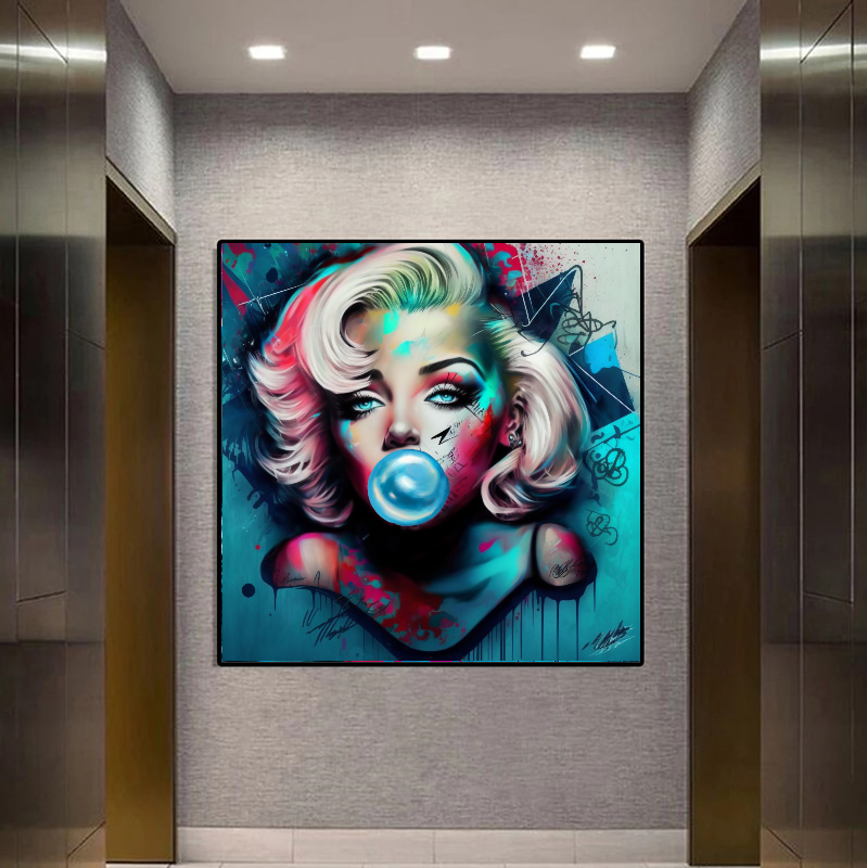 Large Stretched Printed Canvas / Marilyn Monroe with Blue booble gum / Unique Wall Art Print