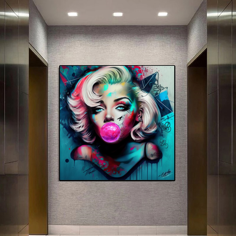 Large Stretched Printed Canvas / Marilyn Monroe with Blue booble gum / Unique Wall Art Print