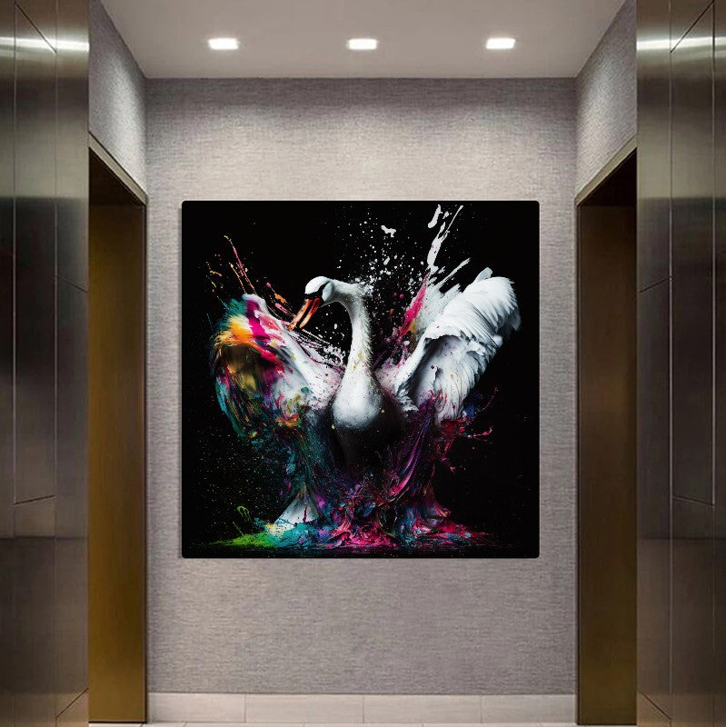 White Swan Colorful Splash - Unique Wall Art Print – Large – Oil on Canvas – {{ product.title }} canvas artwork by Tanya Mirelle – modern wall decor – original artwork for home, living room, office, or gallery – original artwork by BETSY-ART GALLERY