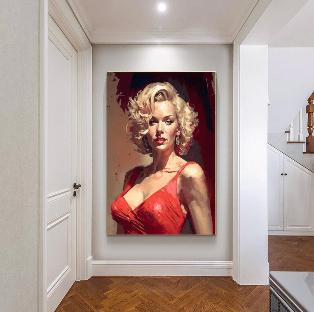 Marilyn Monroe in red dress / Large Stretched Printed Canvas / Modern Wall Art Print