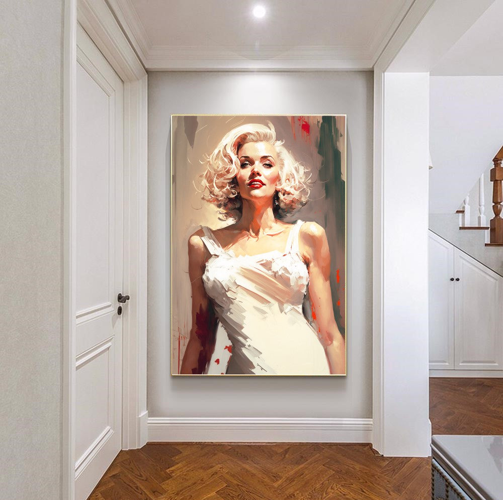 Marilyn Monroe in white dress / Large Stretched Printed Canvas / Modern Wall Art Print