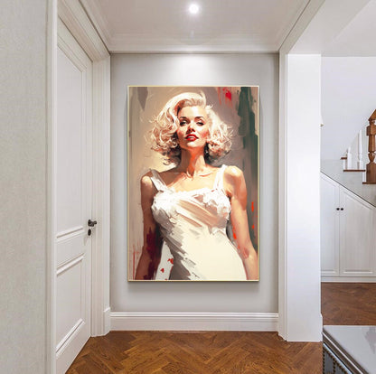 Marilyn Monroe in white dress / Large Stretched Printed Canvas / Modern Wall Art Print