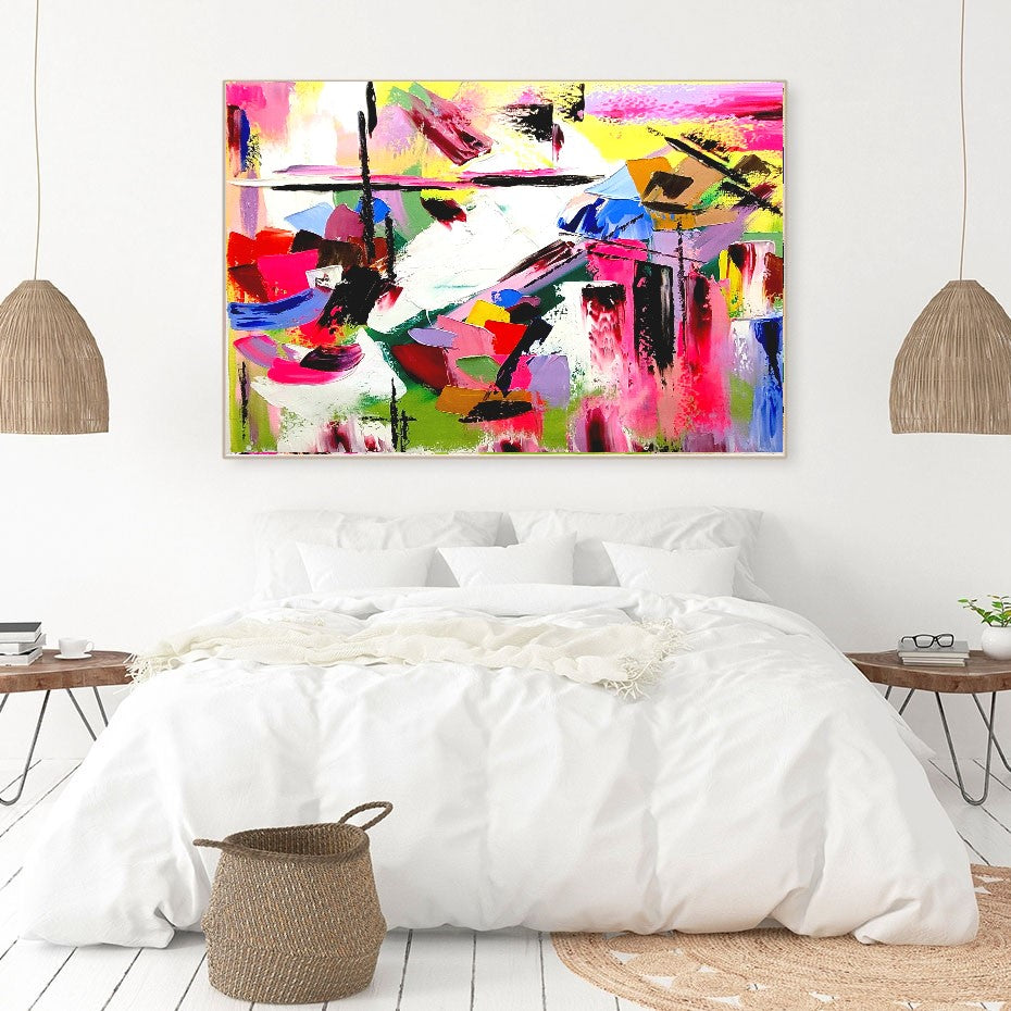 LARGE Modern Abstract Art, Vivid Pink Red Impasto Oil Painting on Canvas for Living Room