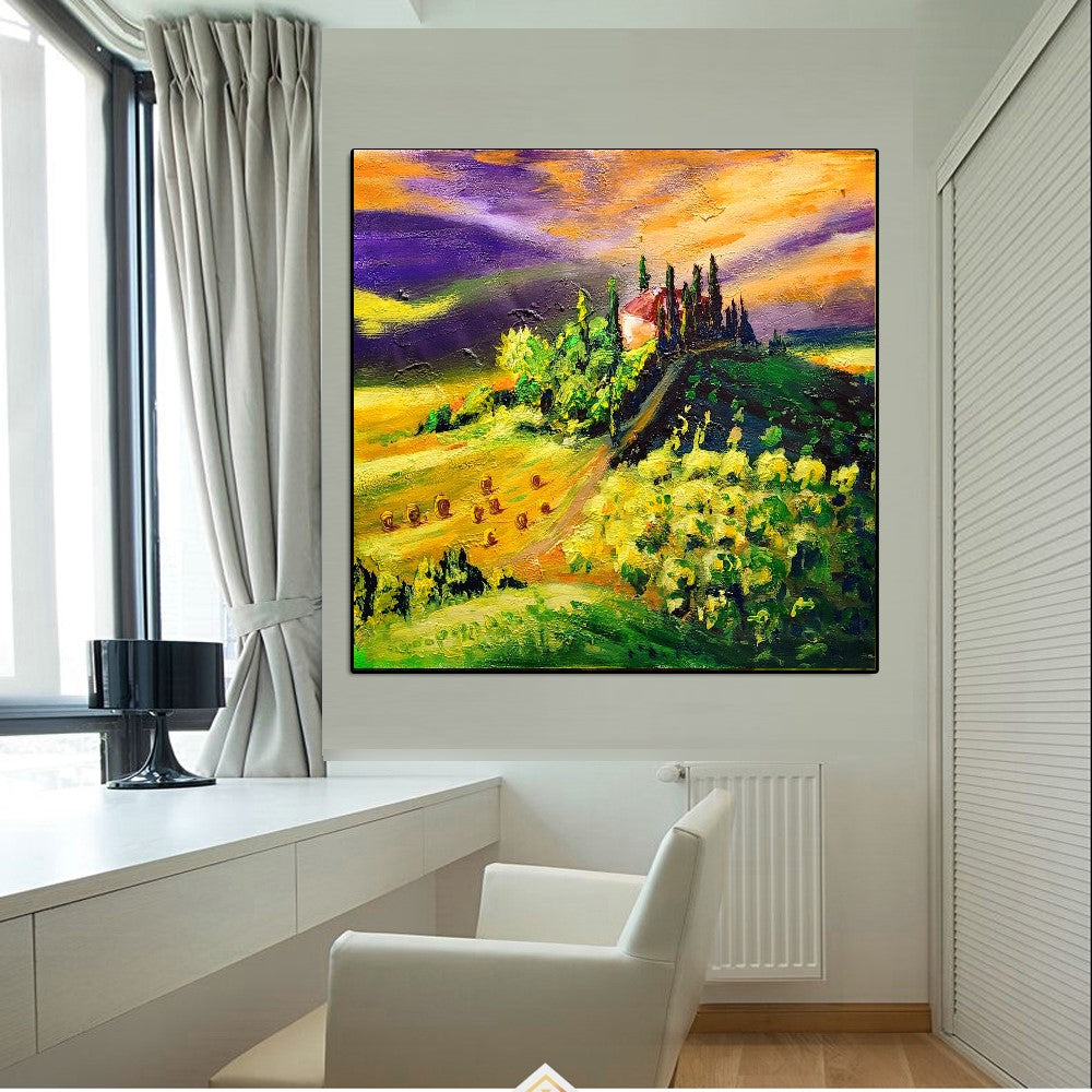 LARGE Abstract Impasto Oil Painting on Canvas, Toscana Italien Landscape, Textured Acrylic Art for Living room