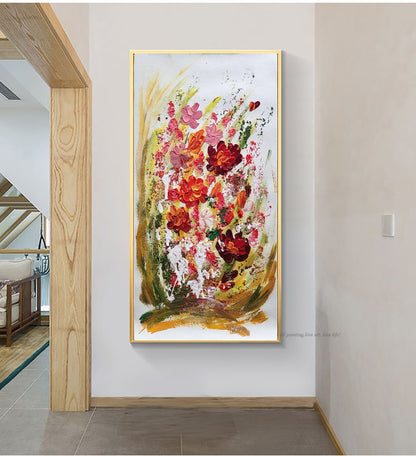 Blossoming Serenity - Modern Abstract Floral Impasto Oil Painting on Canvas, Living Room Art Decor