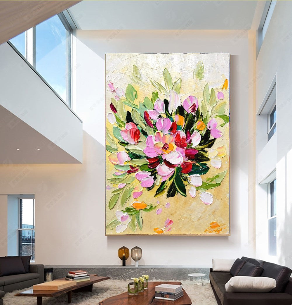 LARGE Floral Impasto Oil Painting on Canvas, Textured Abstract Flowers, Colorful Modern Wall Art Decor