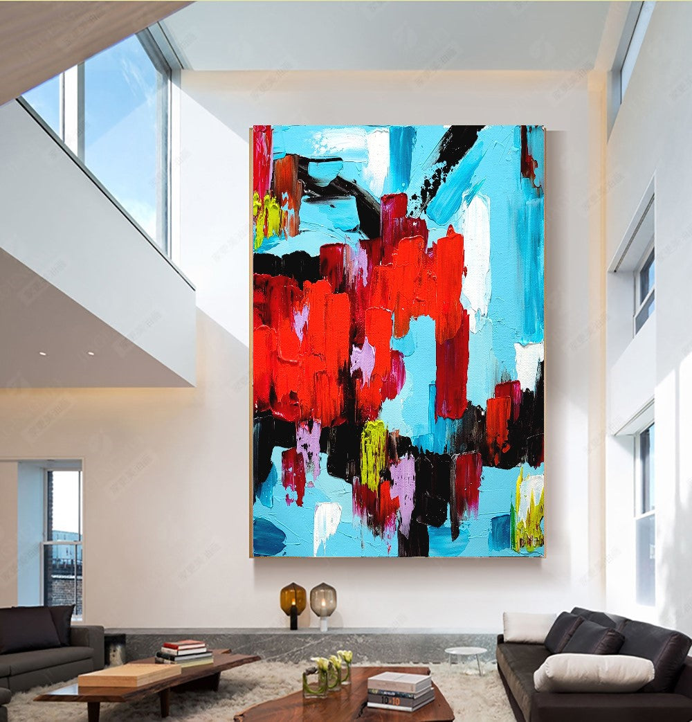 EXTRA LARGE Red Blue Abstract Impasto Oil Painting on Canvas / No Frame