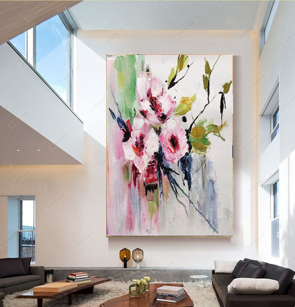 Large Impasto Textured Floral Oil Painting on Canvas - Original Artwork, Colorful Textured Wall Art