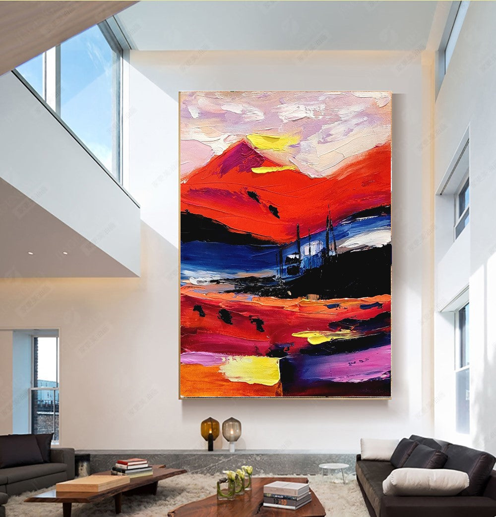 Fiery Twilight - Large Modern Abstract Impasto Oil Painting on Canvas, Colorful Textured Wall Art