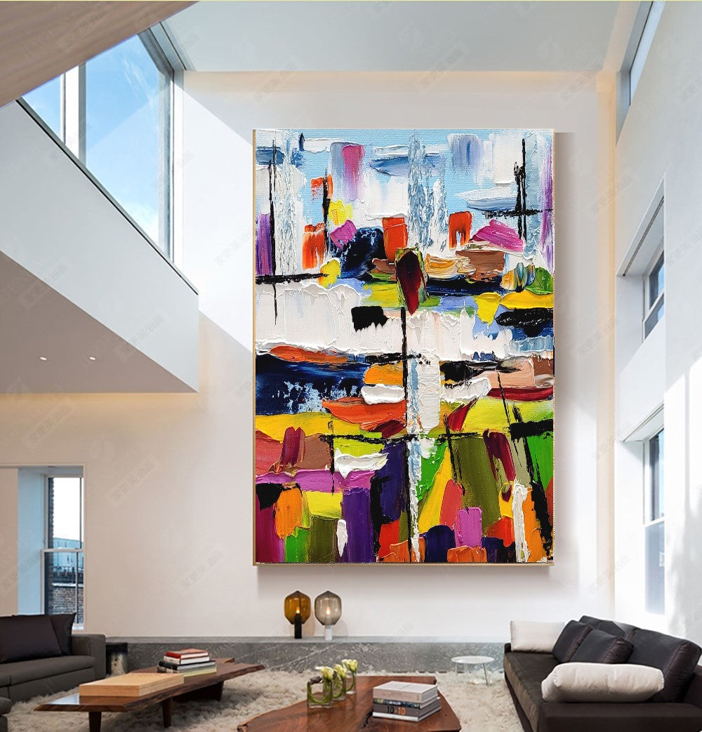 Urban Kaleidoscope - Large Modern Abstract Impasto Oil Painting on Canvas, Colorful Textured Wall Art