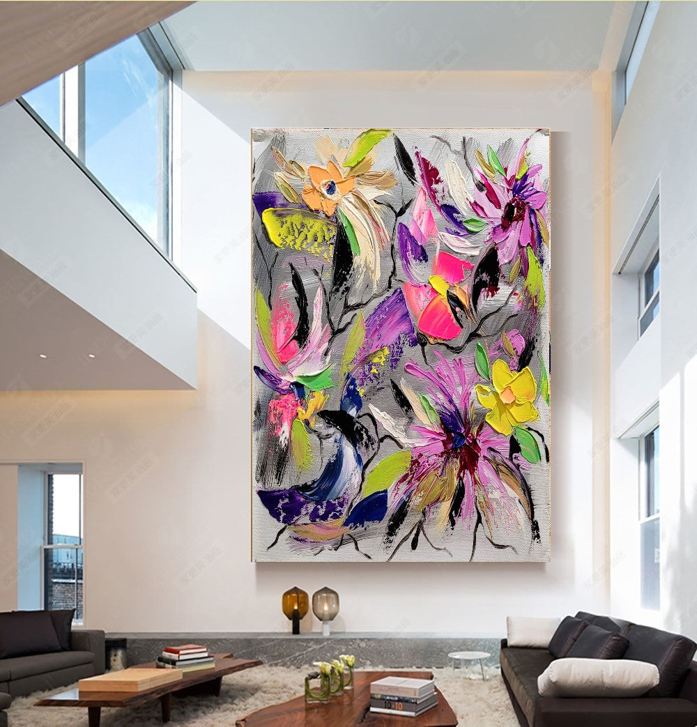 Floral Symphony - Modern Abstract Impasto Oil Painting on Canvas, Colorful Textured Wall Art