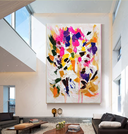 Blooming Radiance - Large Modern Abstract Impasto Oil Painting on Canvas, Colorful Textured Wall Art