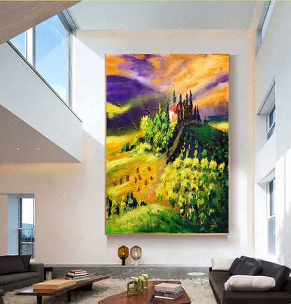 LARGE Abstract Impasto Oil Painting on Canvas, Toscana Italien Landscape, Textured Acrylic Art for Living room