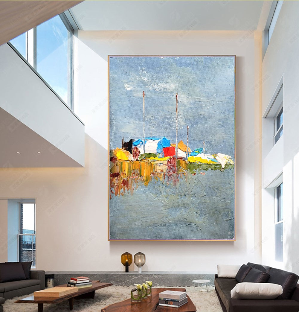 Moden Abstract Landscape Art, Seashore Impasto Oil Painting on Canvas for Living room