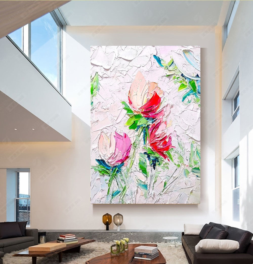 Blooming Beauty, Impasto Textured Floral Oil Painting on Canvas - Original Artwork for Living room