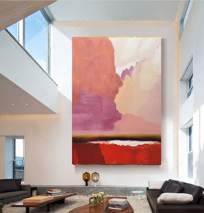 LARGE Modern Abstract Impasto Oil Painting on Canvas, Pink Landscape Art for Living room