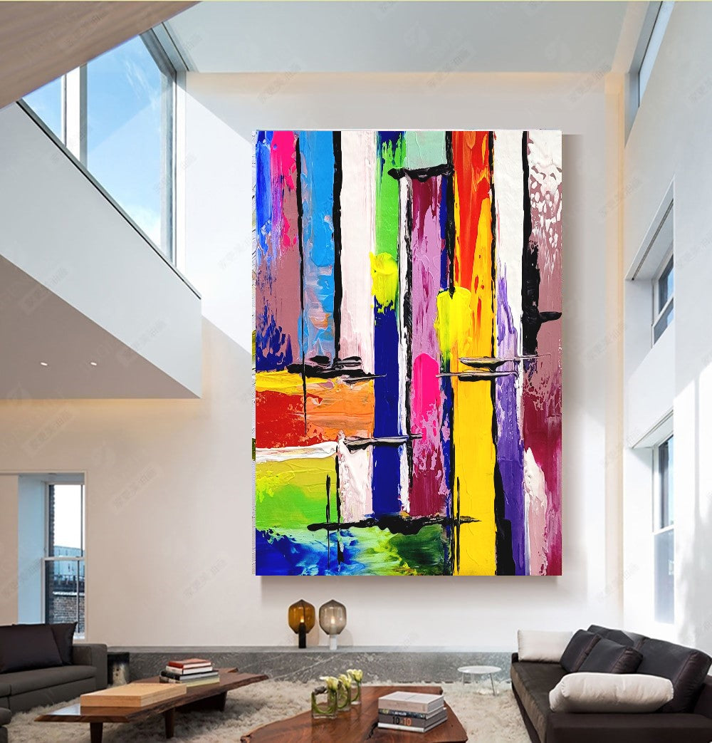 LARGE Colorful Impasto Abstract Painting, Canvas Art, Geometric Modern wall painting for living room