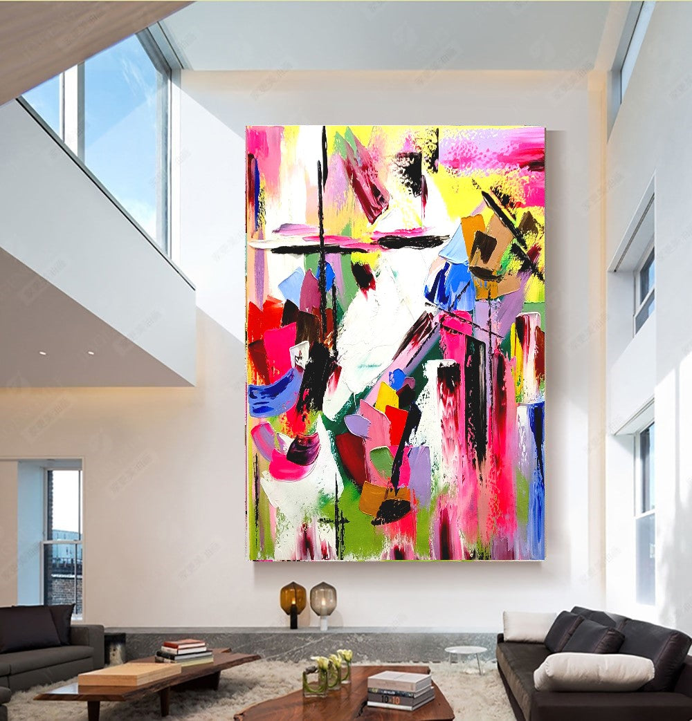 LARGE Modern Abstract Art, Vivid Pink Red Impasto Oil Painting on Canvas for Living Room