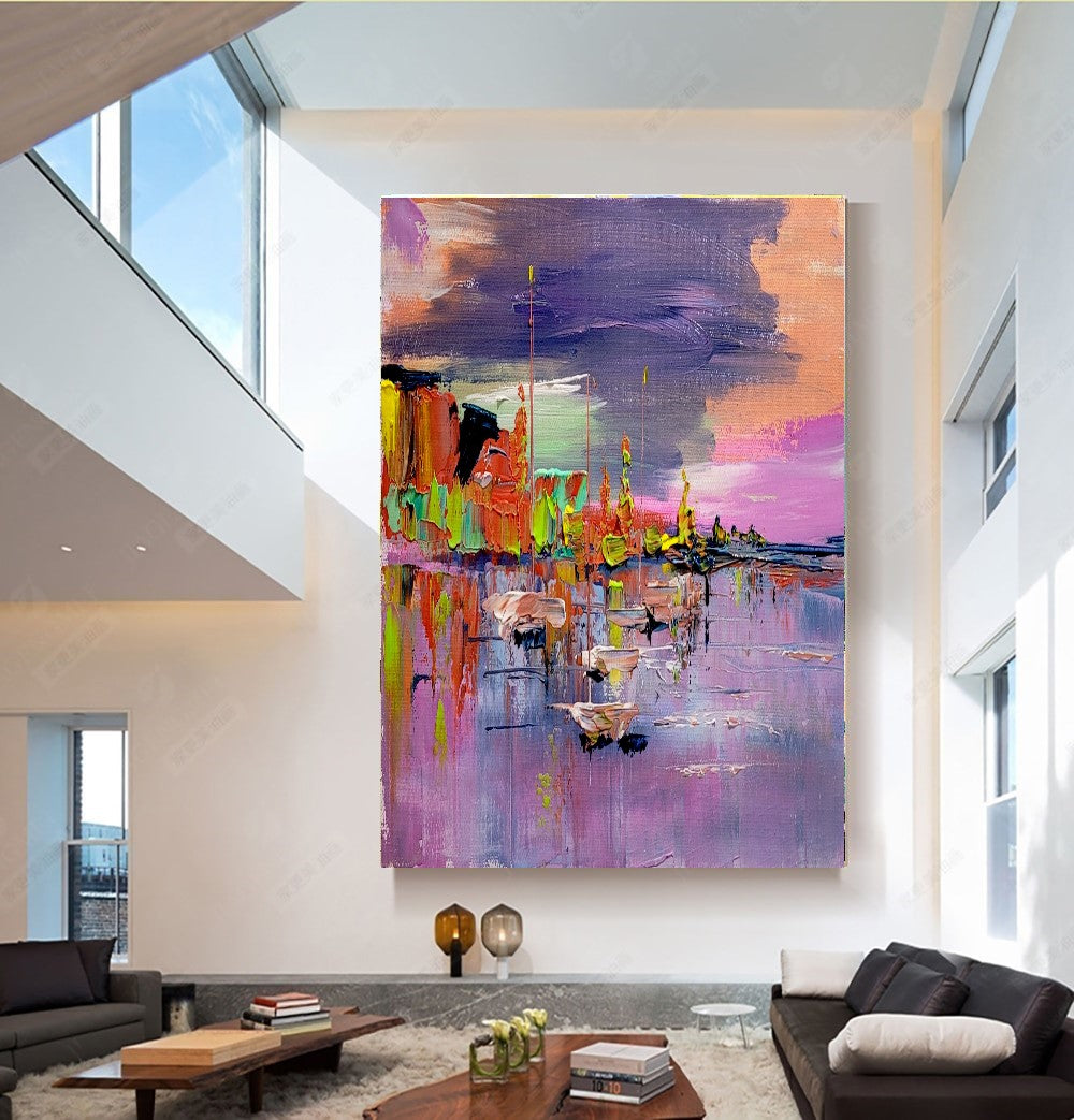 LARGE Abstract Impasto Oil Painting on Canvas, Mediterranean Seashore, Modern Wall Art for Bedroom, Living room