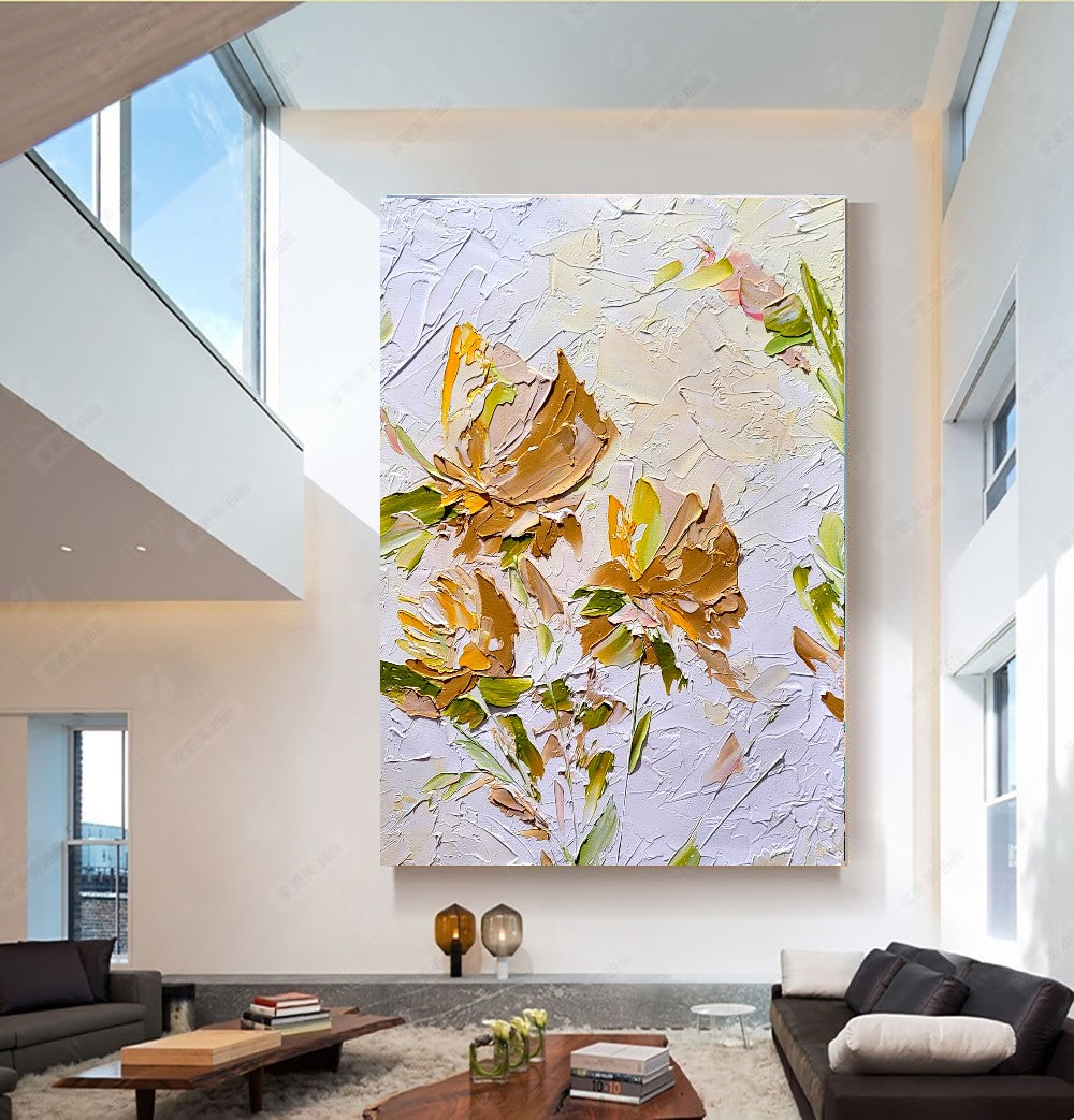 Gold Blooming Beauty, Impasto Textured Floral Oil Painting on Canvas - Original Artwork for Living room