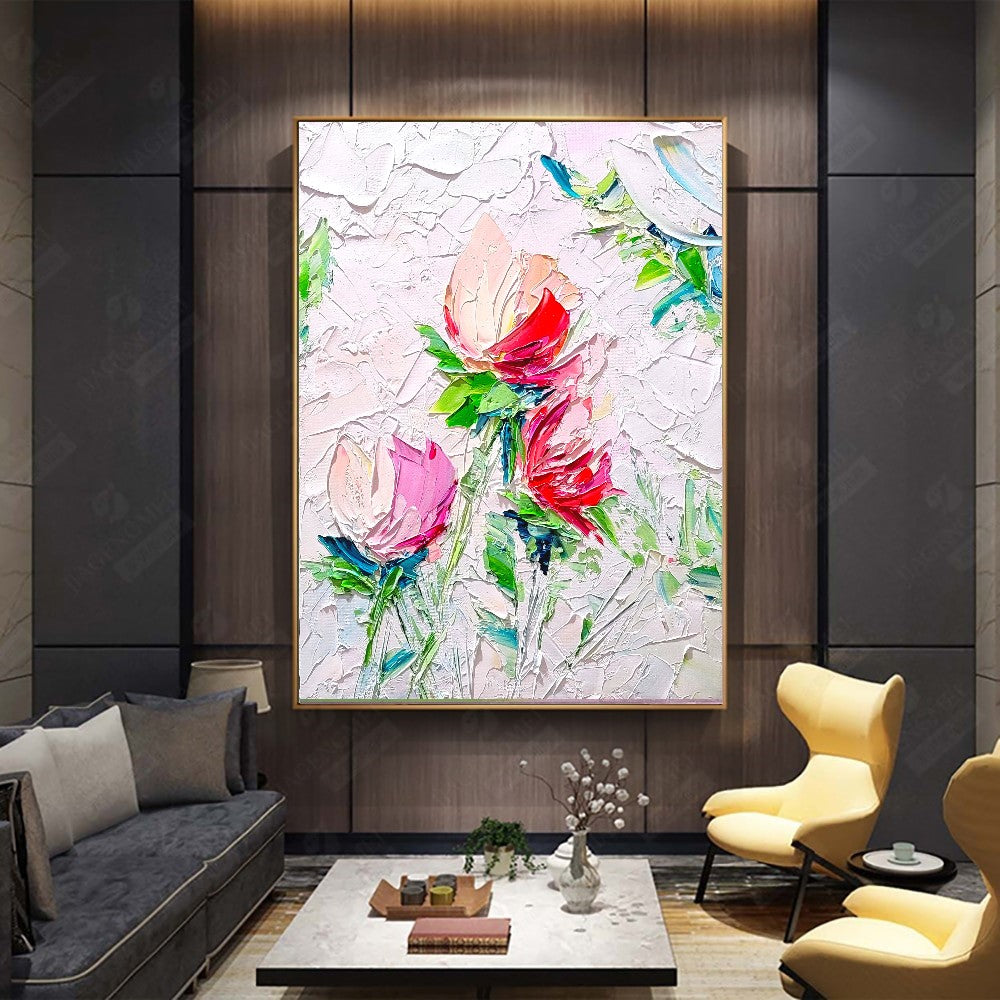 Blooming Beauty, Impasto Textured Floral Oil Painting on Canvas - Original Artwork for Living room