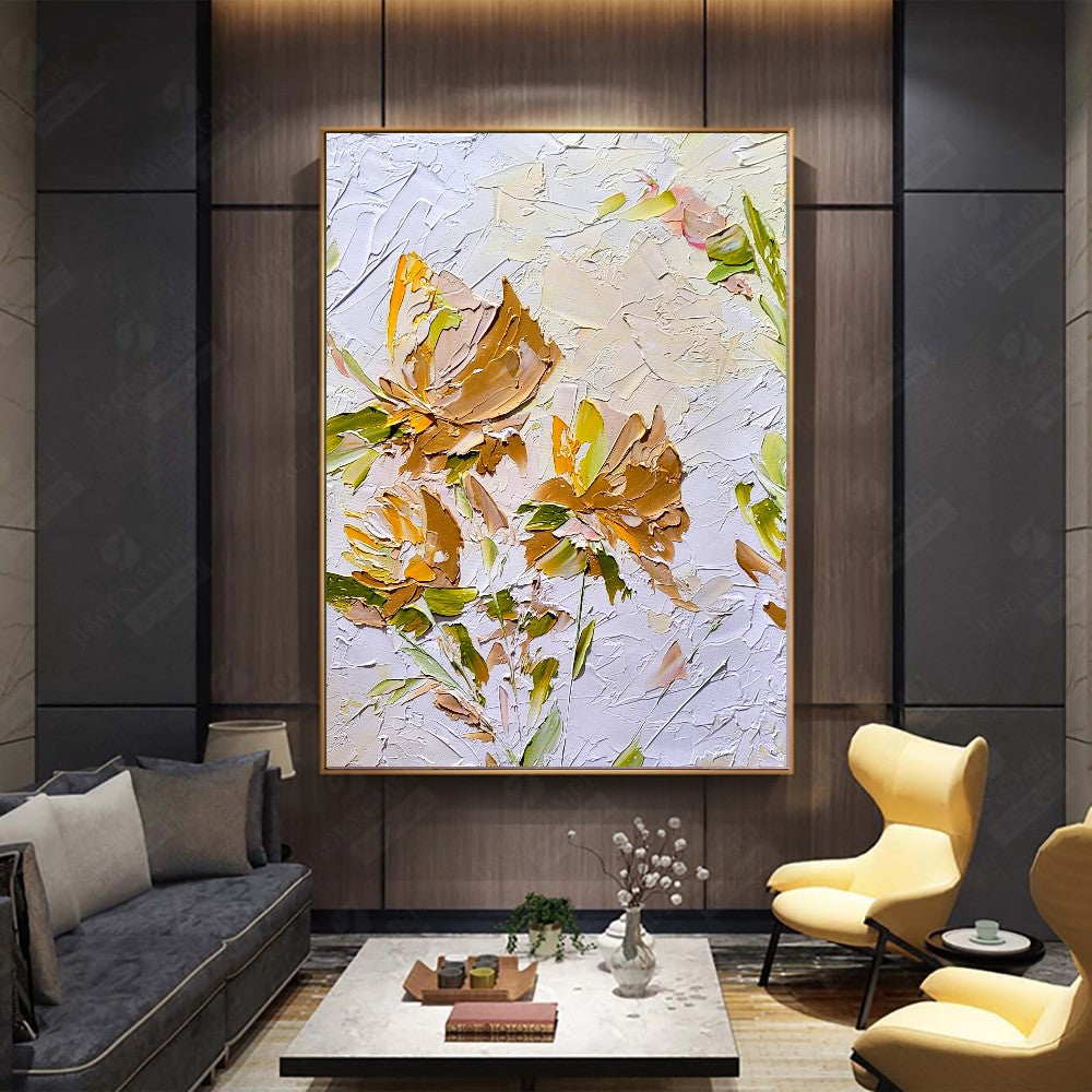 Gold Blooming Beauty, Impasto Textured Floral Oil Painting on Canvas - Original Artwork for Living room